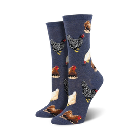 blue crew socks with a pattern of various chicken breeds.   