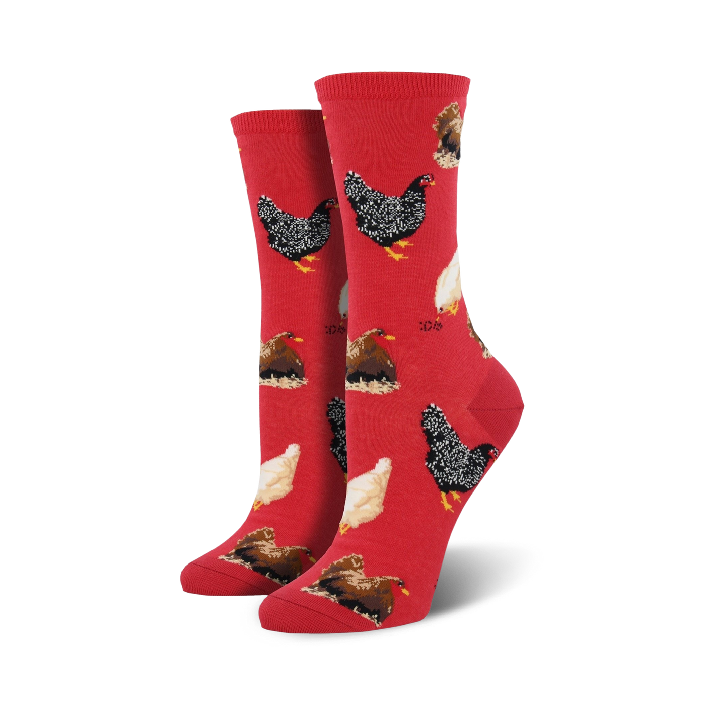 Pair of crew socks with chicken pattern on a red background.