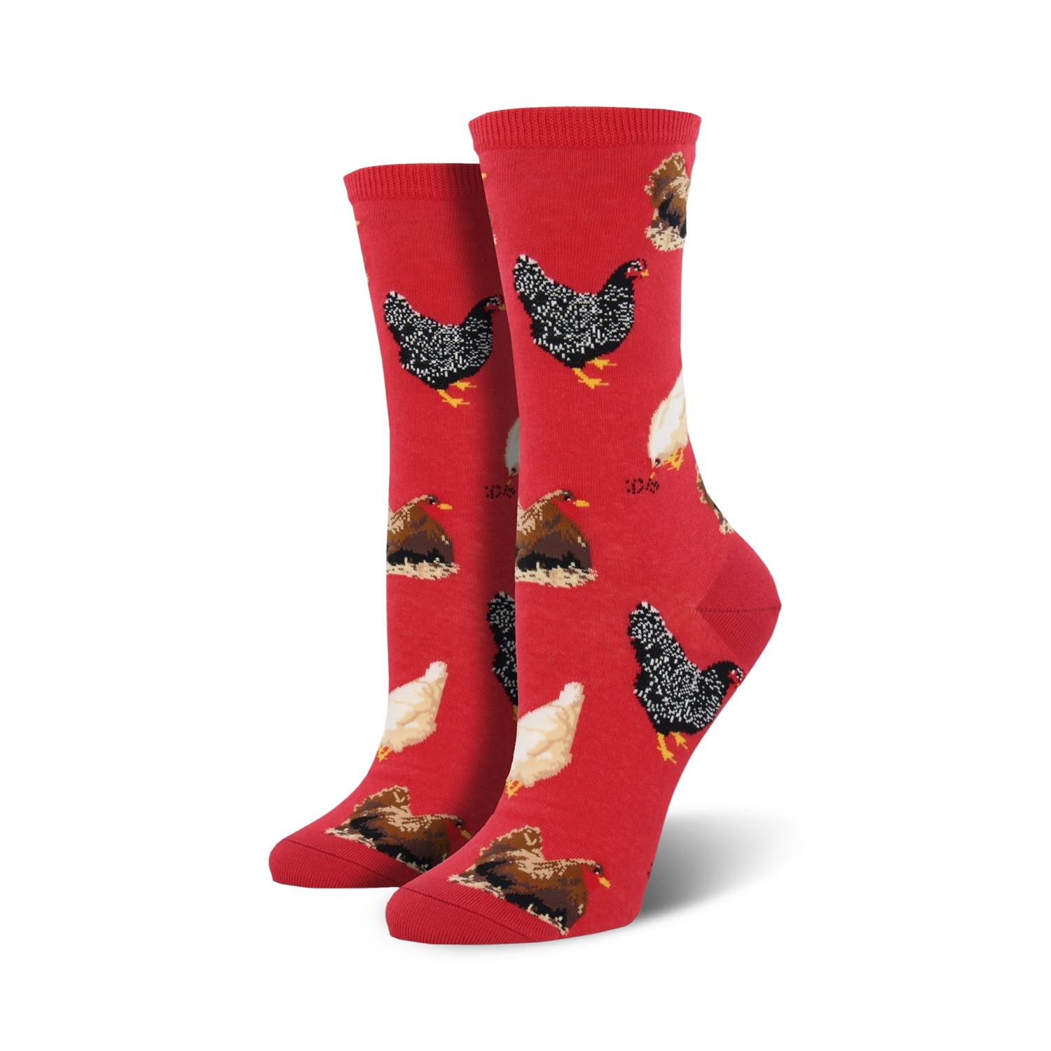 Pair of crew socks with chicken pattern on a red background.