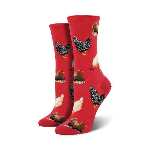 Pair of crew socks with chicken pattern on a red background.