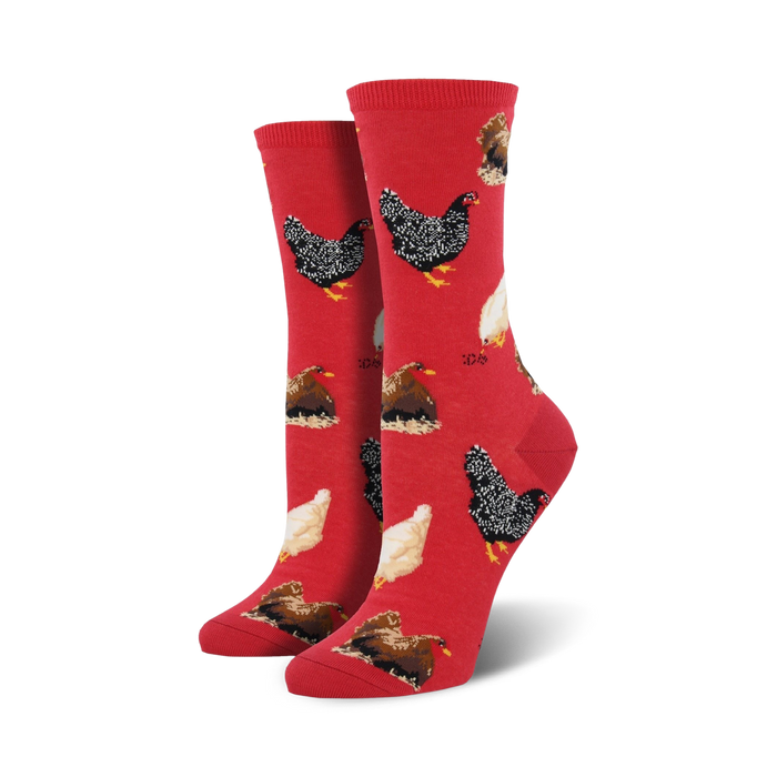 novelty women's crew socks with colorful variety of chicken breeds pattern, fun and whimsical design, hen house theme   