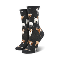 Pair of crew socks, grey background, featuring a repeating pattern of brown and white goats.