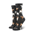 Pair of crew socks, grey background, featuring a repeating pattern of brown and white goats.