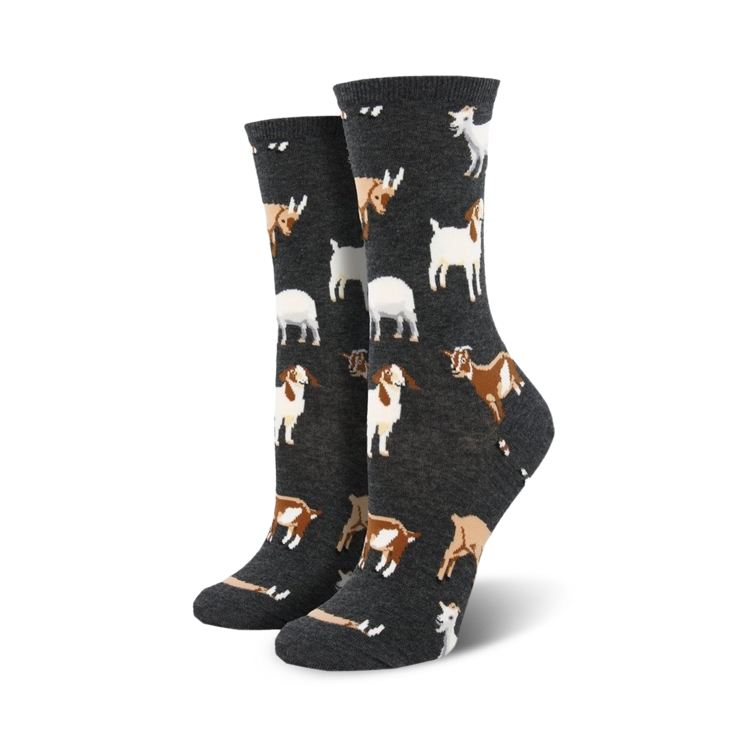 Pair of crew socks, grey background, featuring a repeating pattern of brown and white goats.