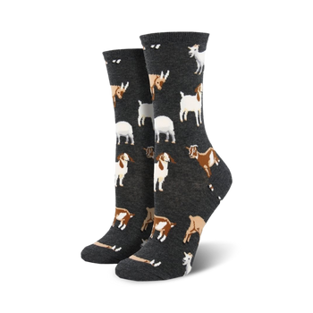 dark gray crew socks with cartoon goats in shades of brown and white for women   
