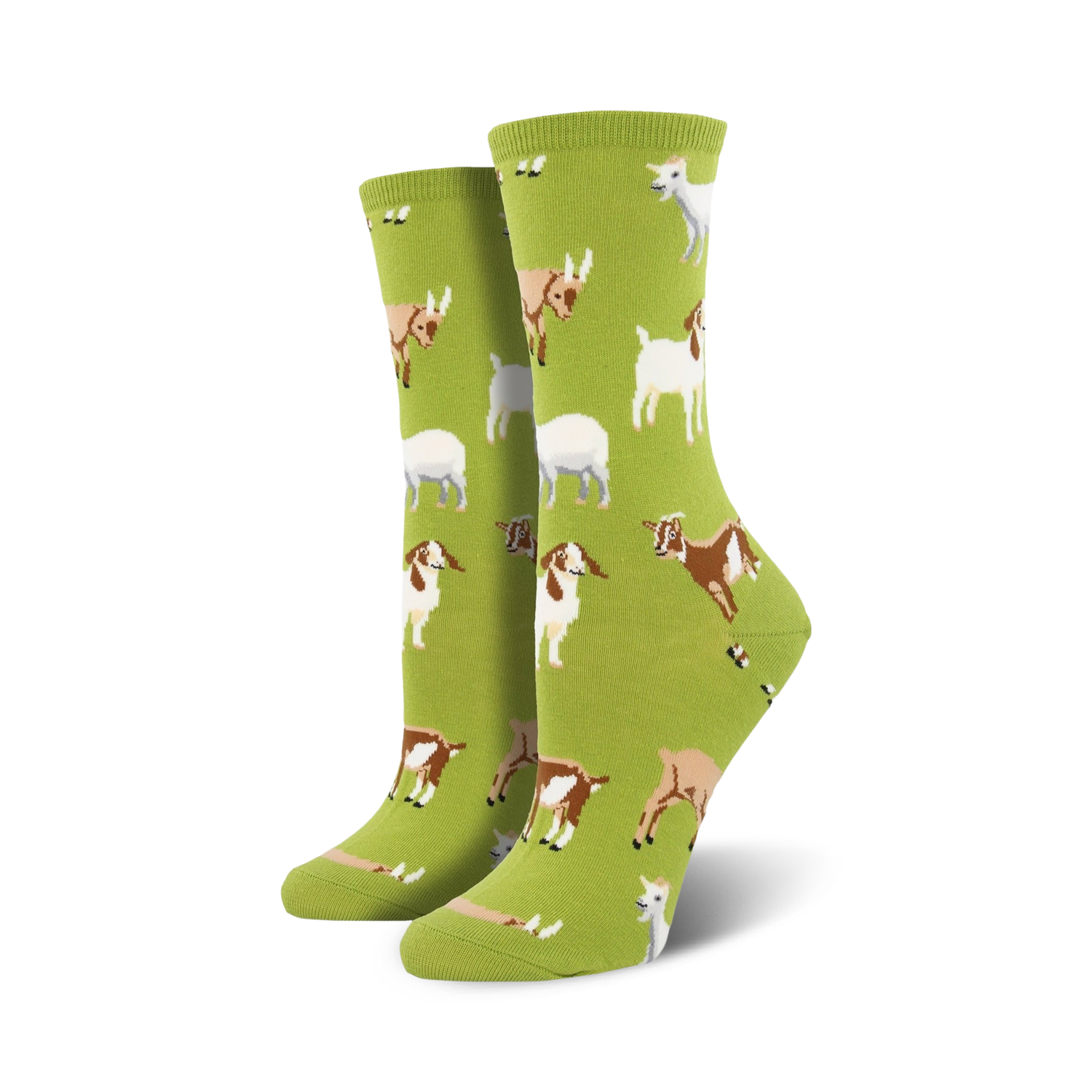 Lifestyle shot of Silly Billy goat socks on a person's feet; socks are lime green.
