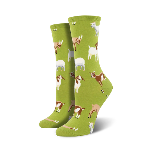 Lifestyle shot of Silly Billy goat socks on a person's feet; socks are lime green.