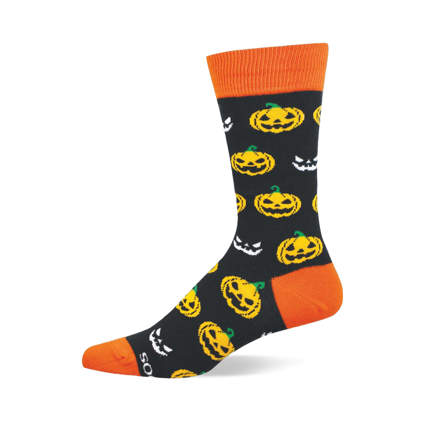 Crew sock with black background, orange cuff, heel, and toe, patterned with yellow jack-o'-lanterns and white spooky faces.