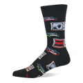 Single black crew sock featuring a pattern of vintage TVs showing ghostly hands and 'HORROR' text, with scattered VHS tapes and drips.