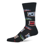 Single black crew sock featuring a pattern of vintage TVs showing ghostly hands and 'HORROR' text, with scattered VHS tapes and drips.