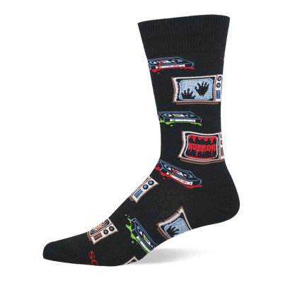 Single black crew sock featuring a pattern of vintage TVs showing ghostly hands and 'HORROR' text, with scattered VHS tapes and drips.