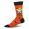 Orange crew sock with a white cartoon ghost, yellow full moon, black bats, and "I Ghost People All Year Round" text.