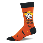 Orange crew sock with a white cartoon ghost, yellow full moon, black bats, and "I Ghost People All Year Round" text.