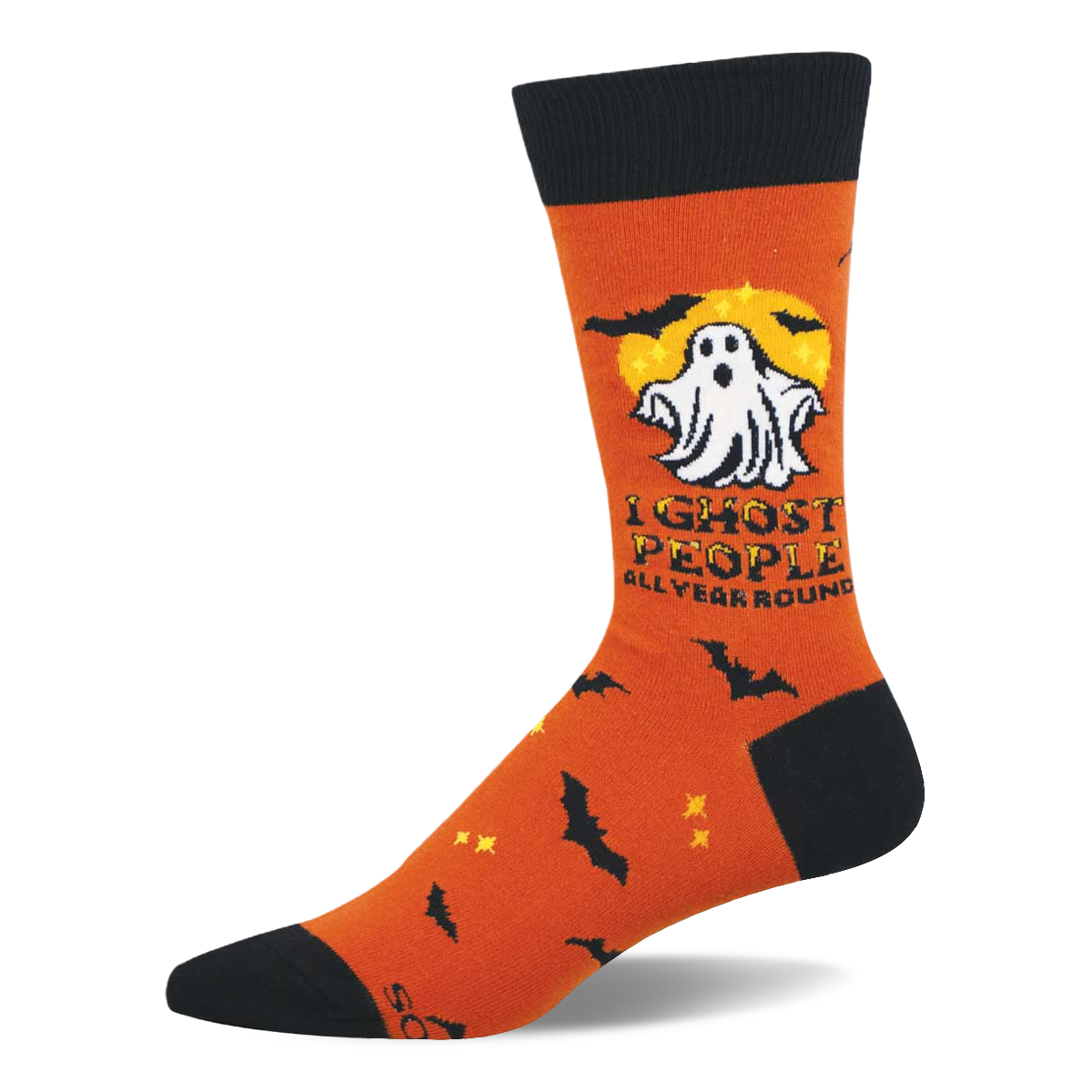 Orange crew sock with a white cartoon ghost, yellow full moon, black bats, and "I Ghost People All Year Round" text.