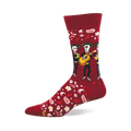 Crew sock, deep red, with three skeleton mariachis, guitars, white flowers, red music notes, and white paisley pattern.