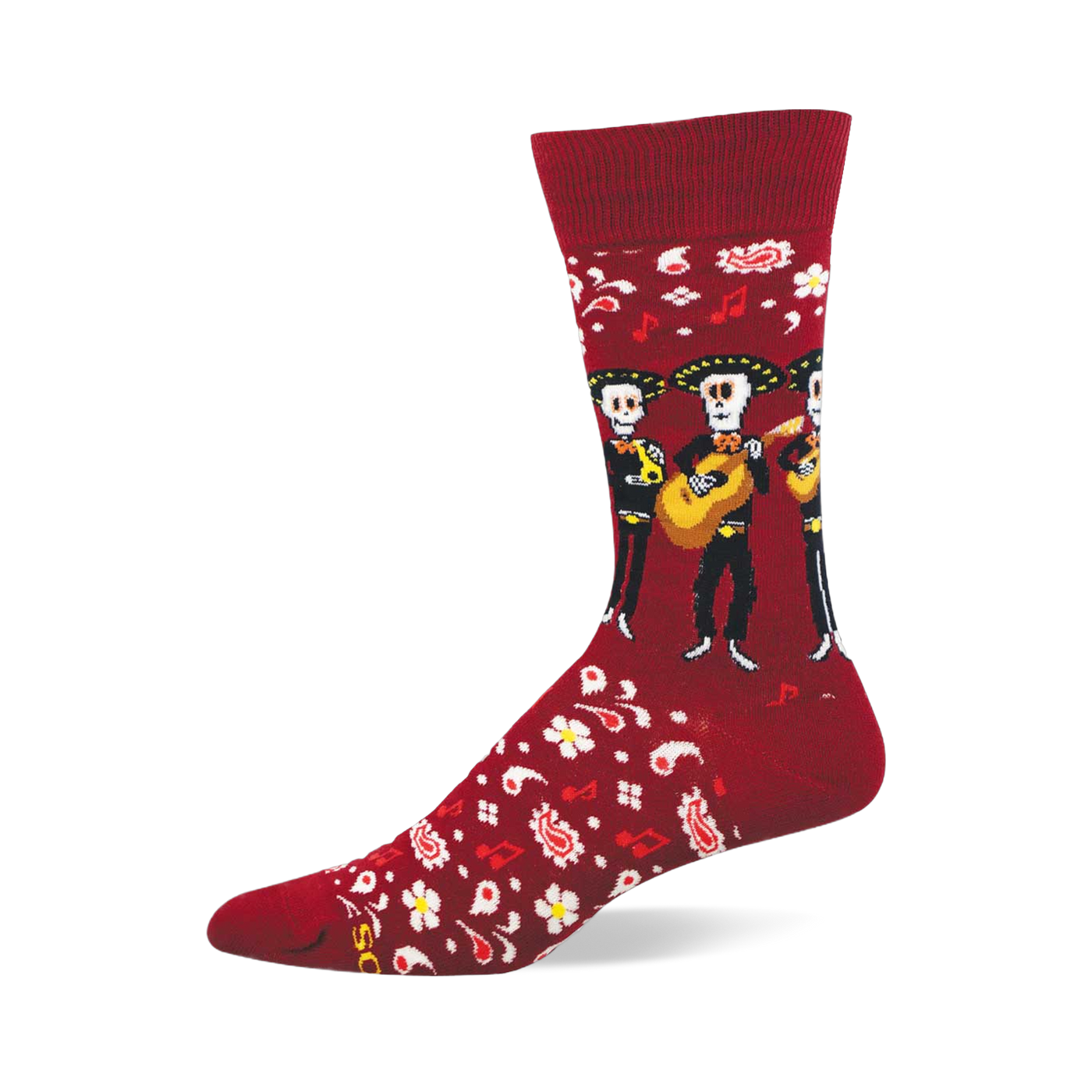 Crew sock, deep red, with three skeleton mariachis, guitars, white flowers, red music notes, and white paisley pattern.