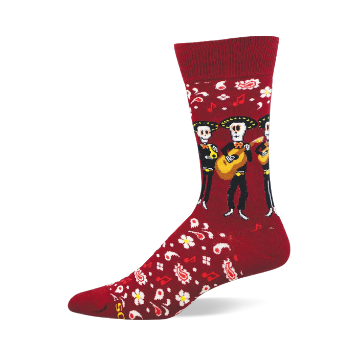 Crew sock, deep red, with three skeleton mariachis, guitars, white flowers, red music notes, and white paisley pattern. }}