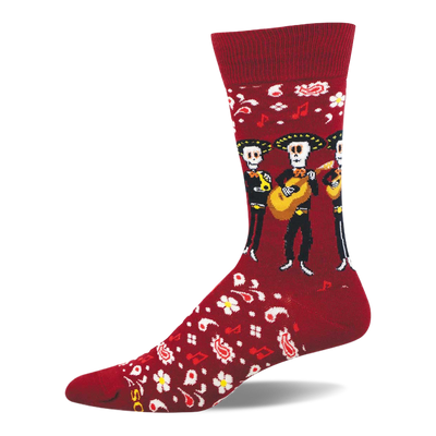 Crew sock, deep red, with three skeleton mariachis, guitars, white flowers, red music notes, and white paisley pattern.