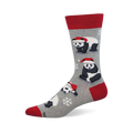 Merry Panda gray sock with red cuff, heel, and toe, featuring festive pandas in Santa hats and snowflakes.