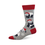 Merry Panda gray sock with red cuff, heel, and toe, featuring festive pandas in Santa hats and snowflakes.