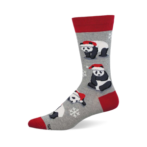 Merry Panda gray sock with red cuff, heel, and toe, featuring festive pandas in Santa hats and snowflakes.