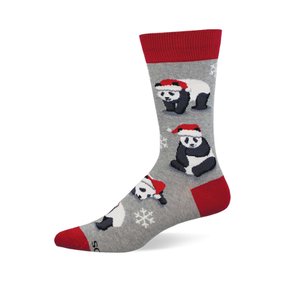 Merry Panda gray sock with red cuff, heel, and toe, featuring festive pandas in Santa hats and snowflakes.