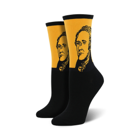 hamilton portrait black and gold crew socks in women's sizing.  