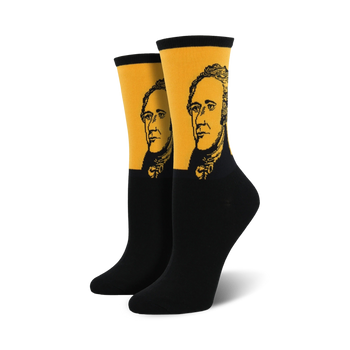 hamilton portrait black and gold crew socks in women's sizing.  