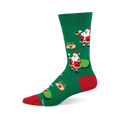 Green Christmas crew sock with thirsty Santa holding beer, gift bag, and presents. Red toe & heel accents.
