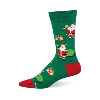 Green Christmas crew sock with thirsty Santa holding beer, gift bag, and presents. Red toe & heel accents.