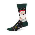 Black crew sock: The Badass Claus design with tattooed Santa, red hat, white beard, green cuff/toe & festive Christmas candy.