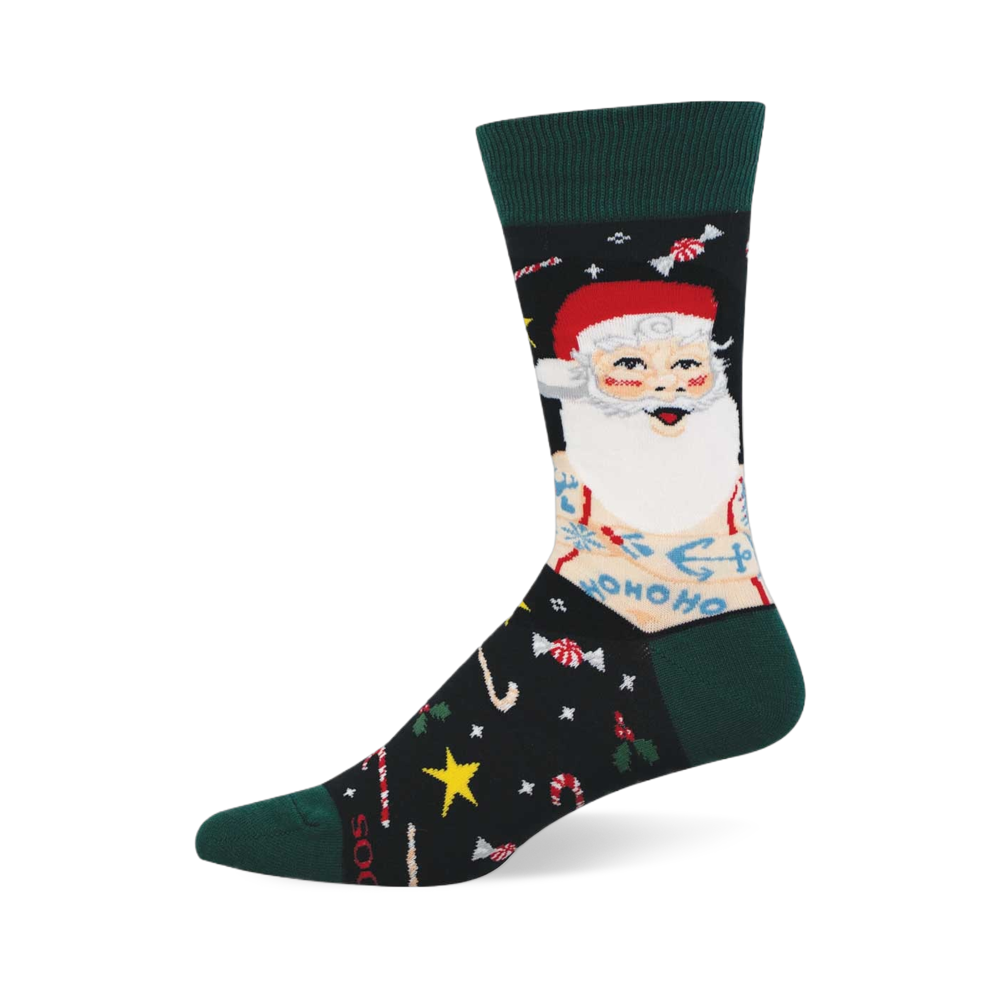Black crew sock: The Badass Claus design with tattooed Santa, red hat, white beard, green cuff/toe & festive Christmas candy.
