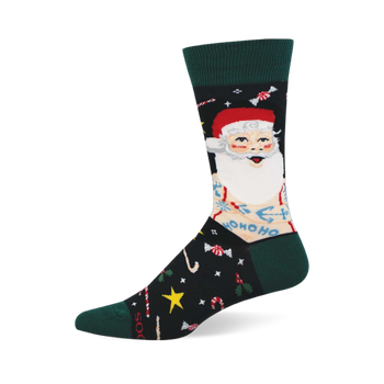 Black crew sock: The Badass Claus design with tattooed Santa, red hat, white beard, green cuff/toe & festive Christmas candy.