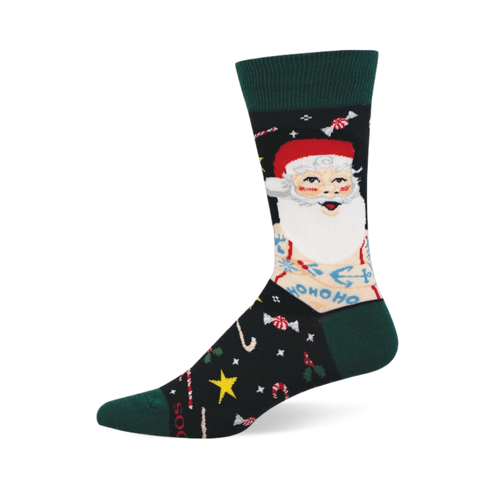 Black crew sock: The Badass Claus design with tattooed Santa, red hat, white beard, green cuff/toe & festive Christmas candy. }}