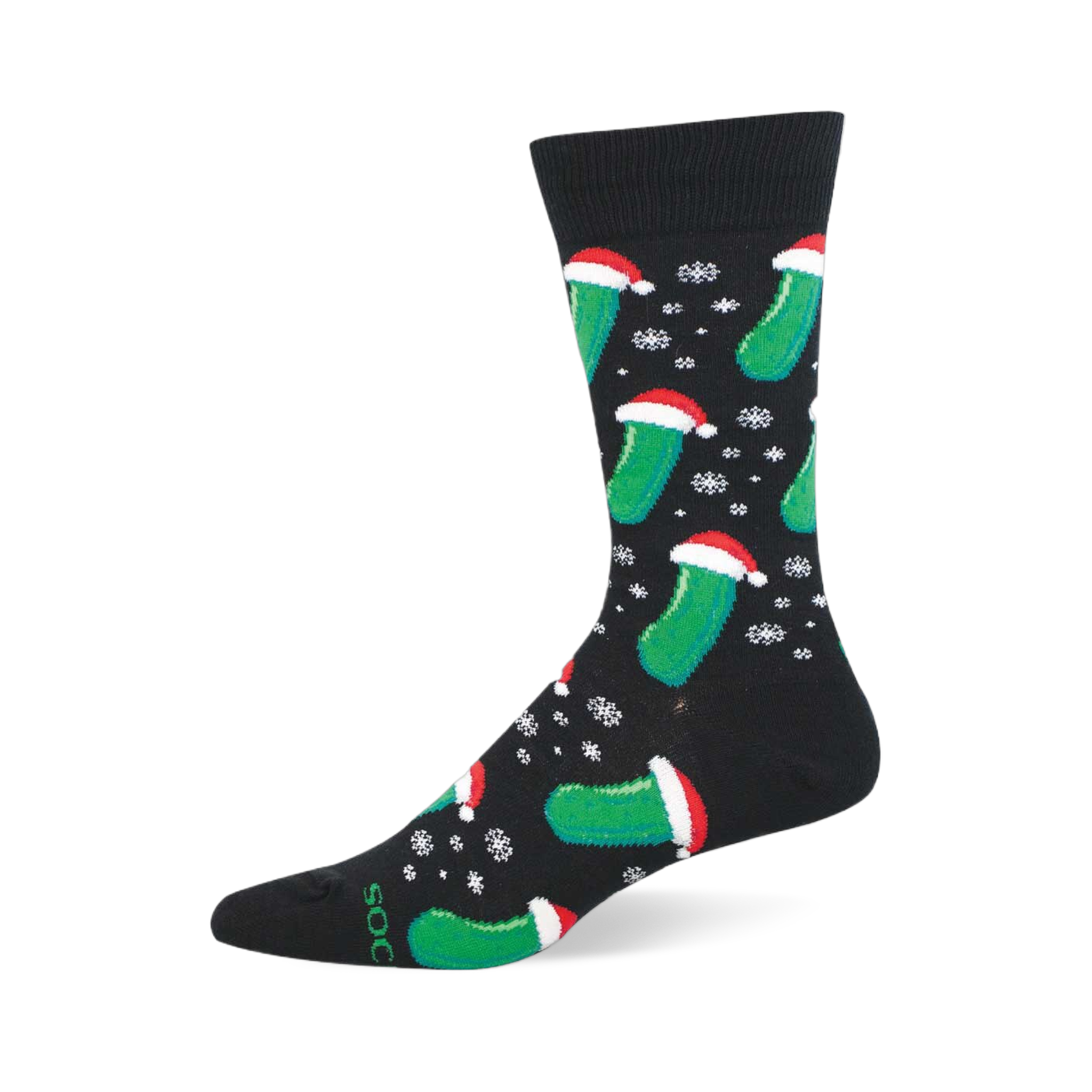 Festive black Christmas pickle sock with a pattern of green pickles wearing Santa hats and falling white snowflakes.