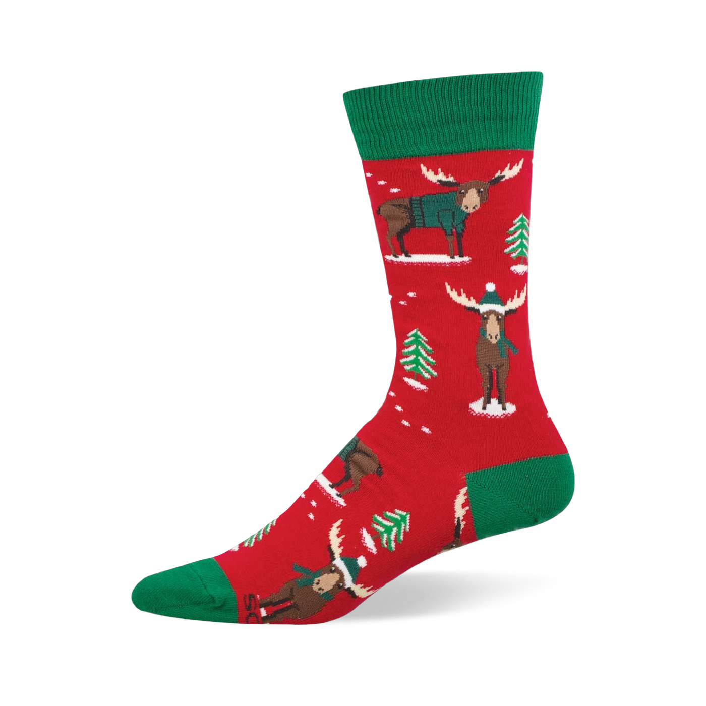Red crew socks with green accents, featuring festive moose in teal sweaters and beanies, plus green Christmas trees and white snow.
