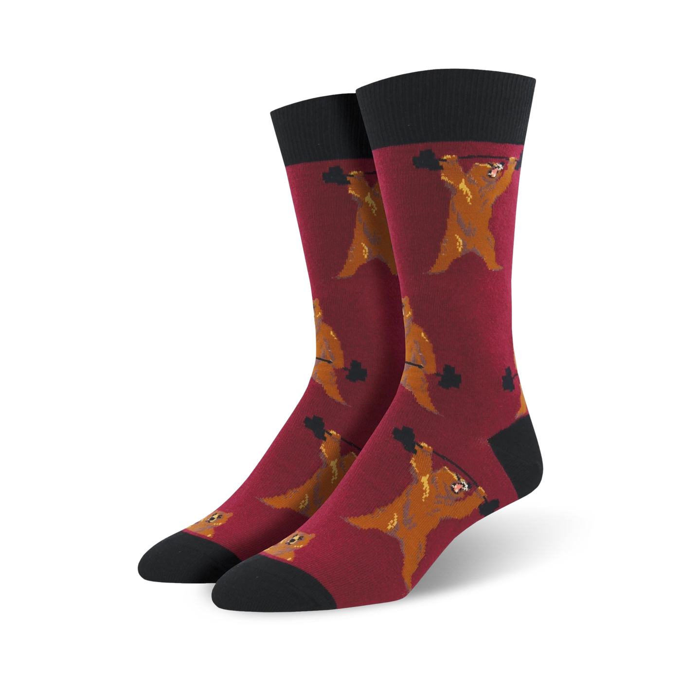 Pair of maroon crew socks with a repeating pattern of brown bears lifting weights.  Black cuffs.