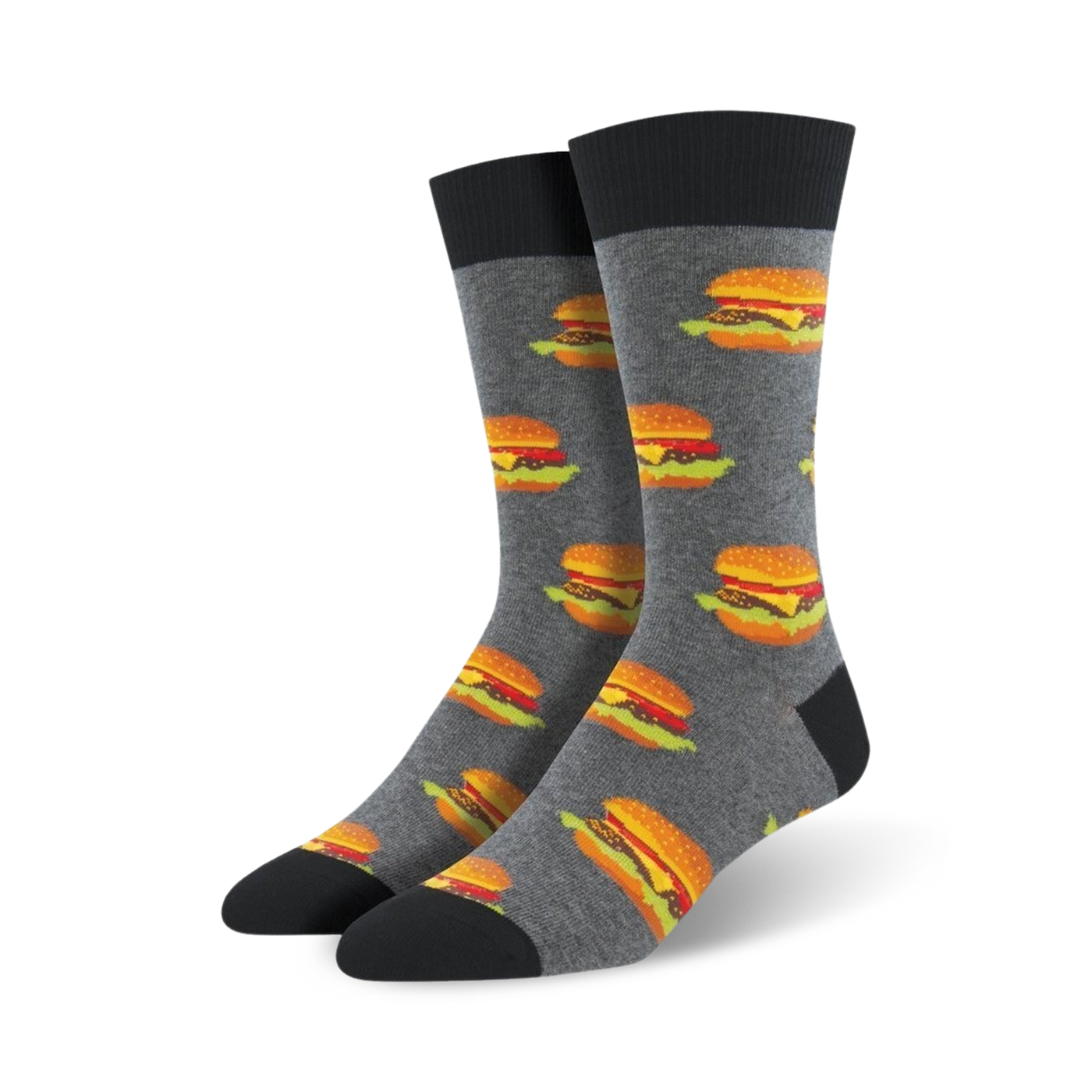 Pair of gray crew socks with repeating images of juicy cheeseburgers.  Black cuff and toes. Fun, food-themed design.