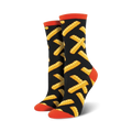 Pair of women's crew socks with a black background and a pattern of yellow french fries.  The socks have orange cuffs.