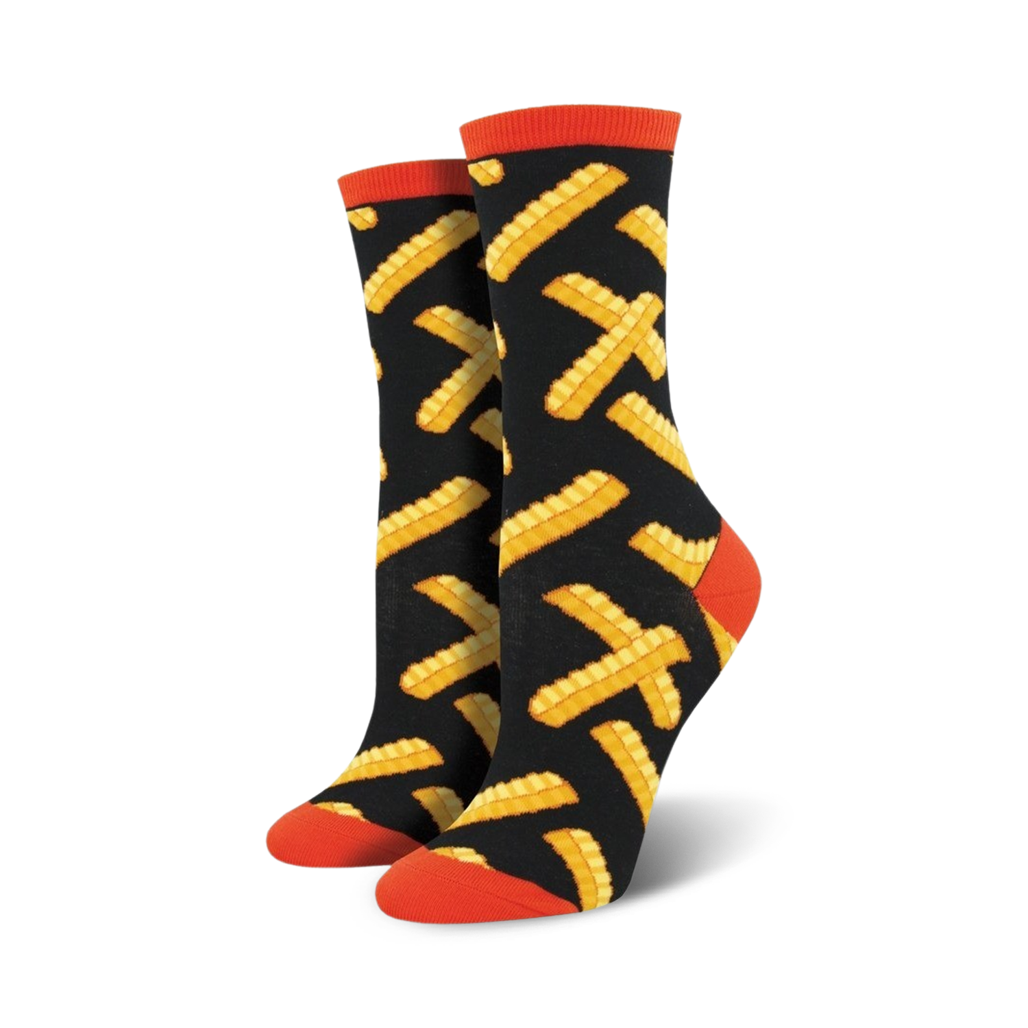 Pair of women's crew socks with a black background and a pattern of yellow french fries.  The socks have orange cuffs.