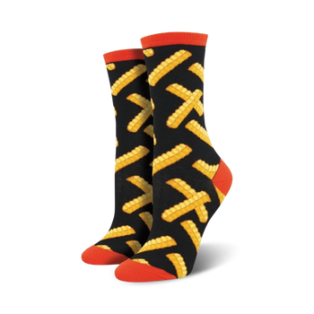 black crinkle cut french fry pattern womens crew sock  