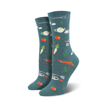 womens crew length socks in blue with kitchen utensils and food pattern (spatulas, rolling pins, carrots, tomatoes, etc).   
