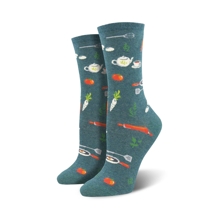 womens crew length socks in blue with kitchen utensils and food pattern (spatulas, rolling pins, carrots, tomatoes, etc).    }}