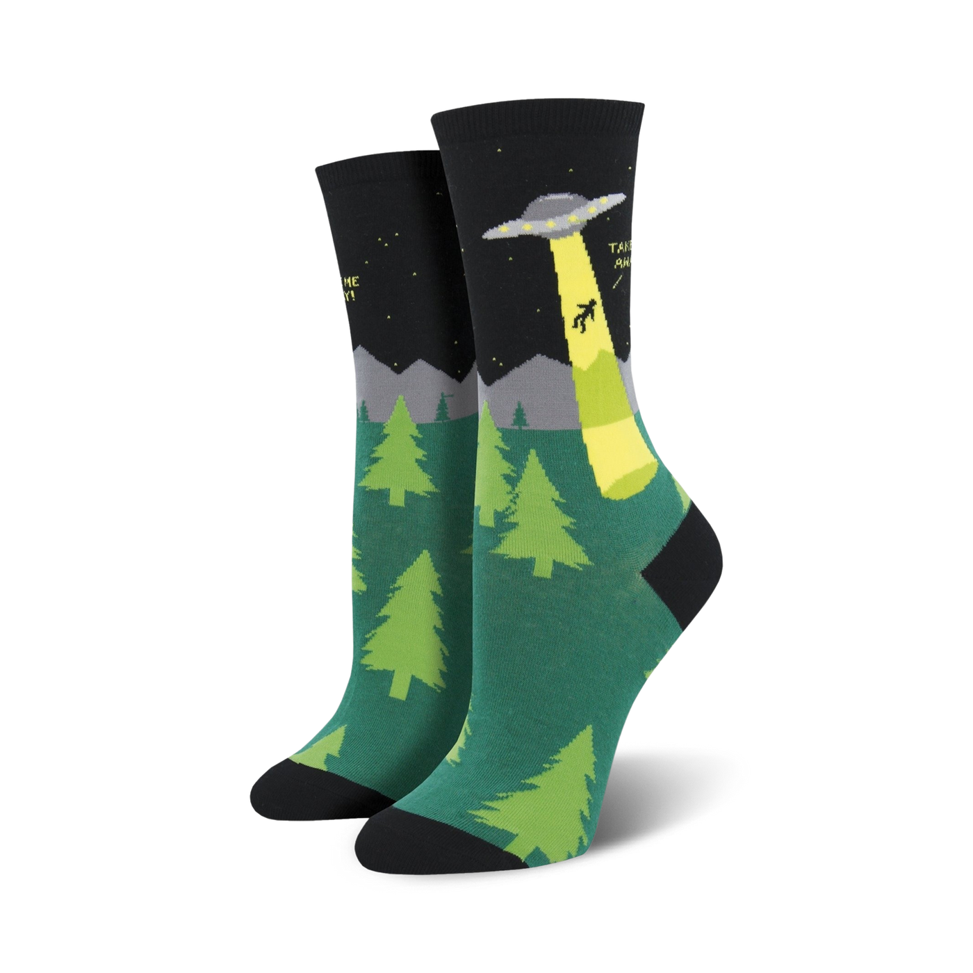 Crew socks in teal, black, and lime green.  Design features an alien abduction scene with a UFO, trees, and mountains against a night sky.