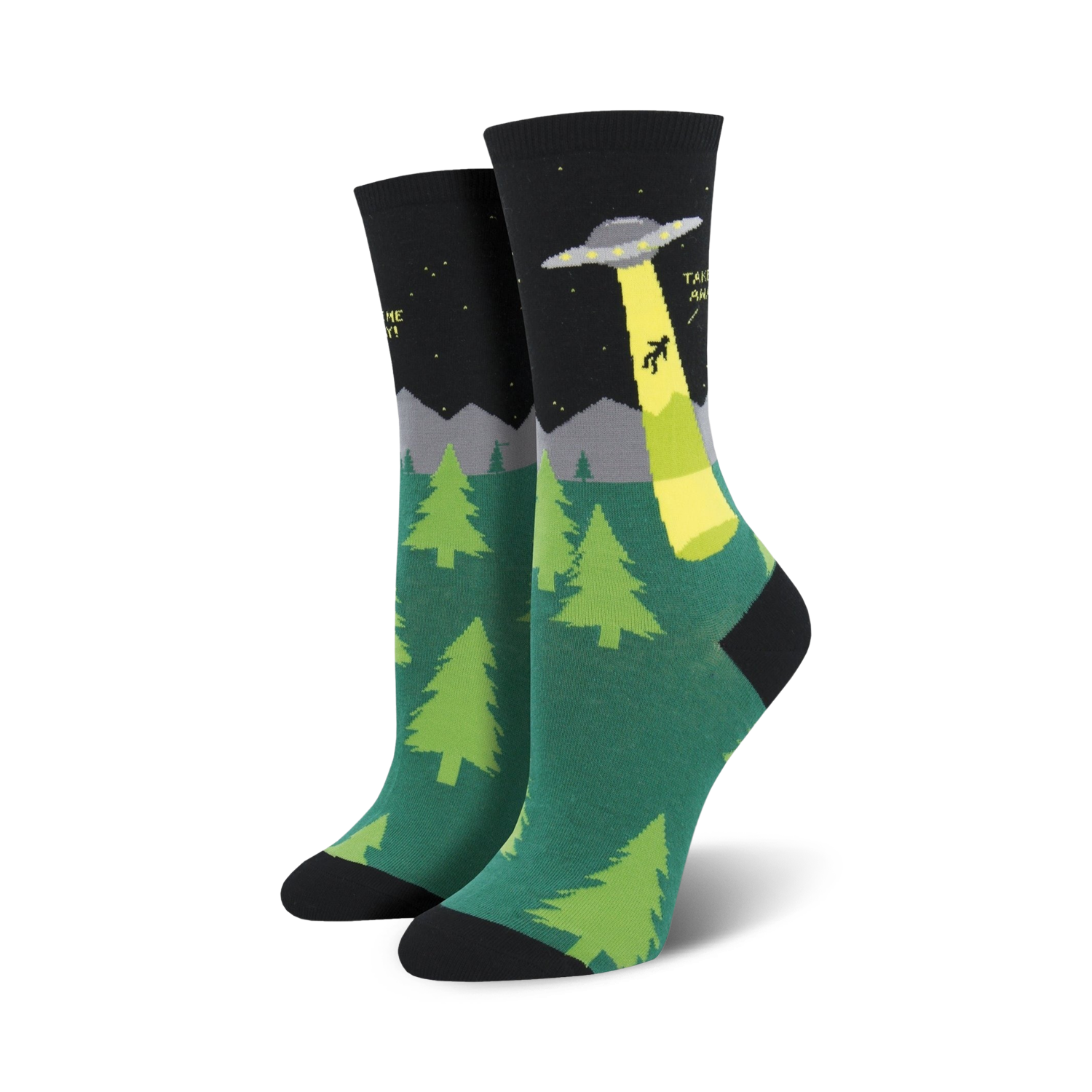 Crew socks in teal, black, and lime green.  Design features an alien abduction scene with a UFO, trees, and mountains against a night sky.