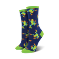 A pair of women's crew socks in navy blue, featuring a repeating pattern of bright green tree frogs with orange accents and red eyes.  Lime green cuffs.