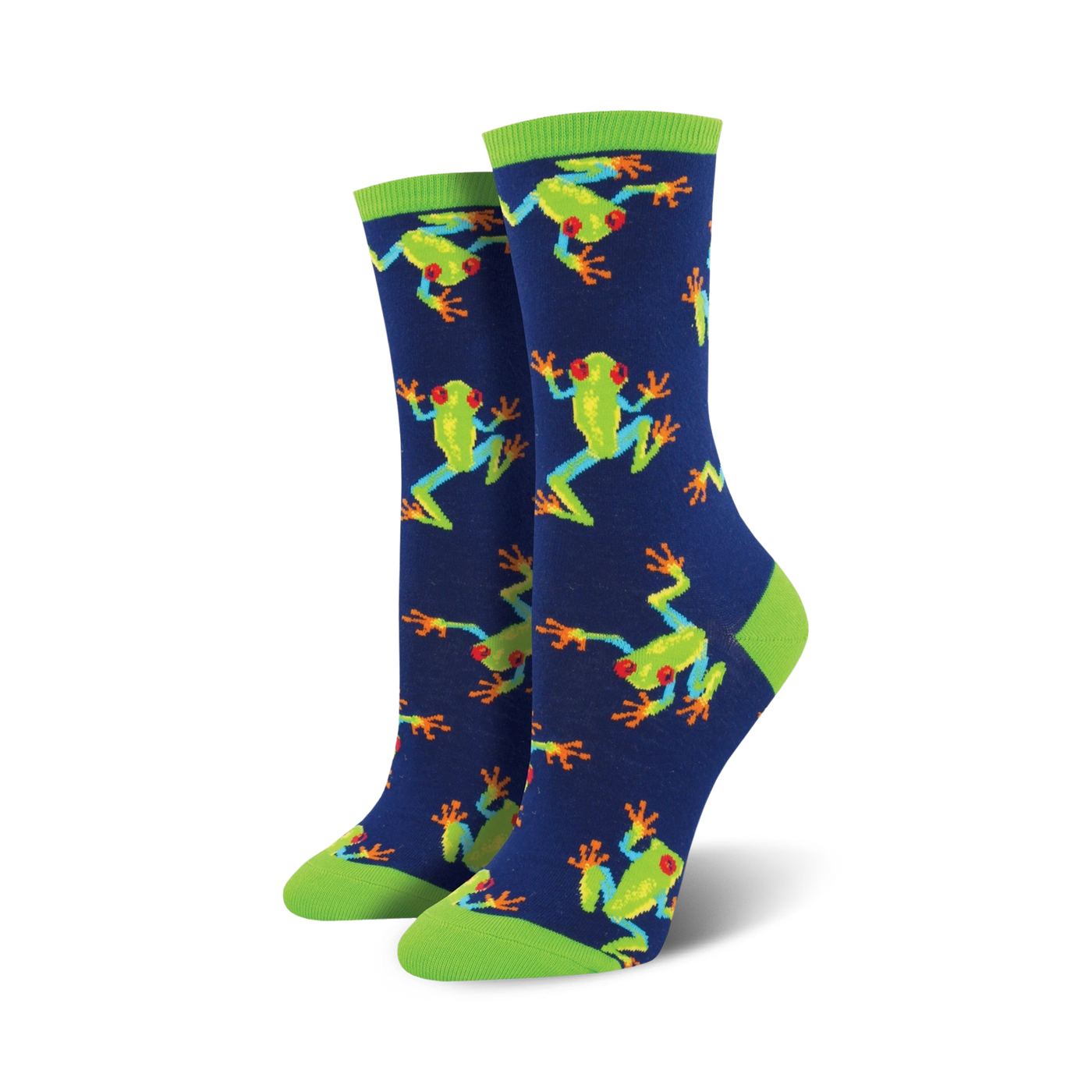 A pair of women's crew socks in navy blue, featuring a repeating pattern of bright green tree frogs with orange accents and red eyes.  Lime green cuffs.