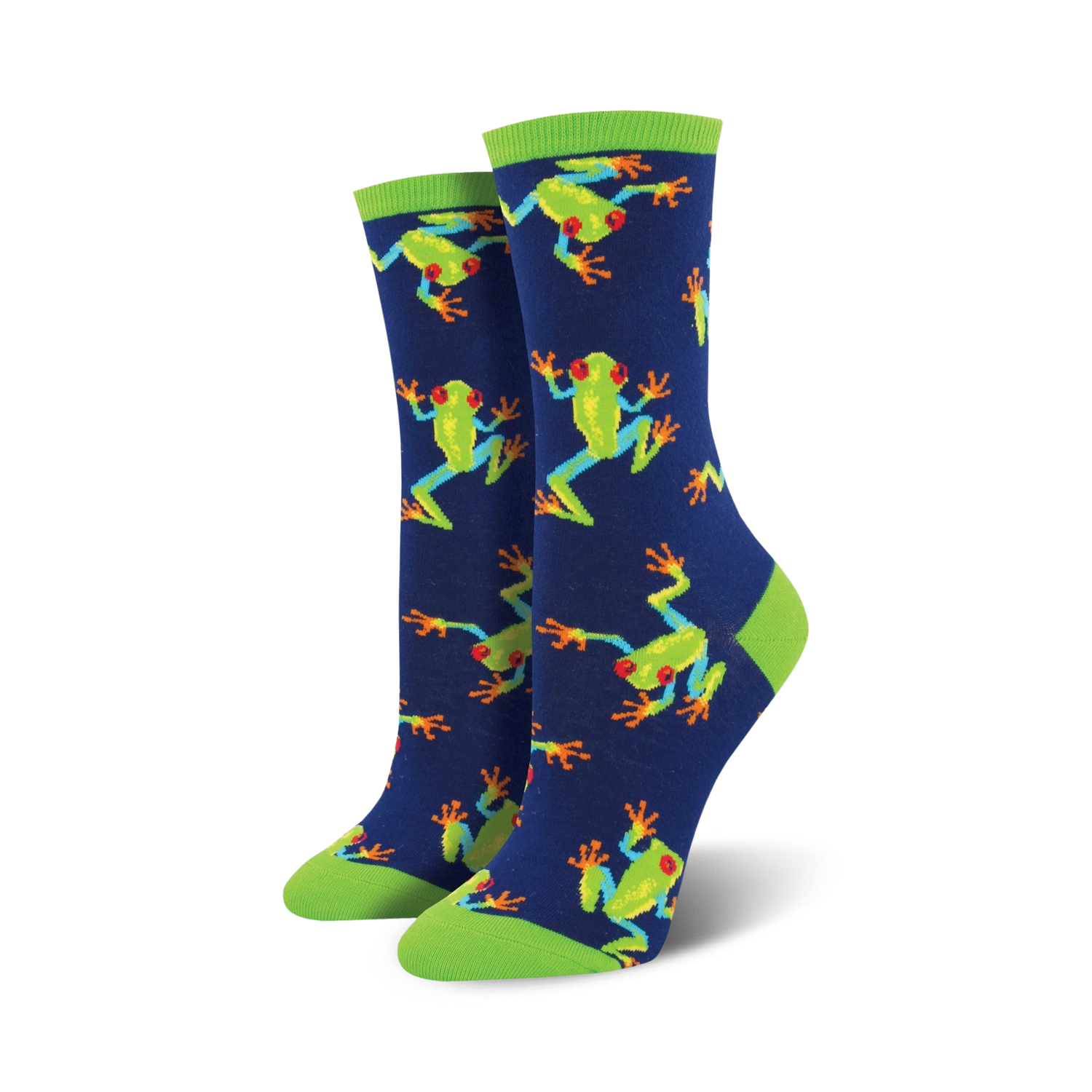 A pair of women's crew socks in navy blue, featuring a repeating pattern of bright green tree frogs with orange accents and red eyes.  Lime green cuffs.