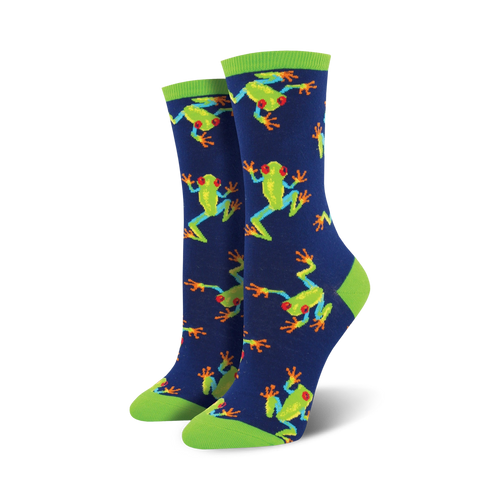 A pair of women's crew socks in navy blue, featuring a repeating pattern of bright green tree frogs with orange accents and red eyes.  Lime green cuffs.