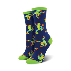 dark blue crew socks with bright green tree frogs with red eyes pattern, womens.  